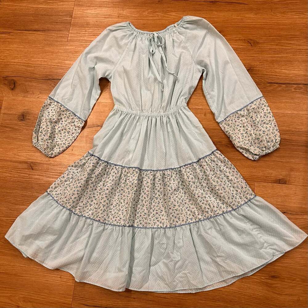 Vintage 70s Powder Blue Swiss Dot Prairie Dress Floral Trim Semi Sheer XS -